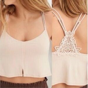 Aerie M NWT Tan ribbed crochet back adjustable straps bra crop top